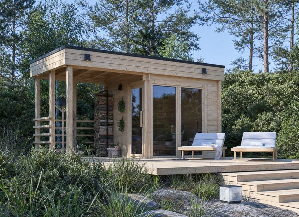 Holzsauna FREJA mit überdachter Terrasse | Massivholz – 4,54×2,54 m, 9,15 m² thumbnail 1