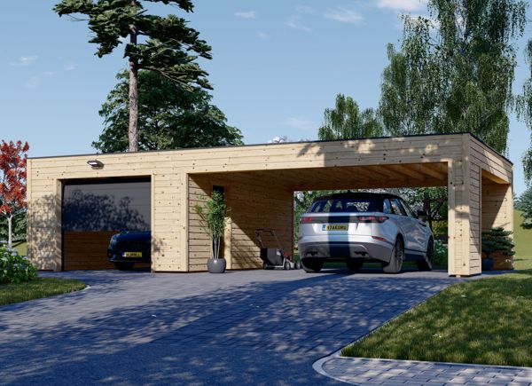 Holzgarage SILVIA F (34 mm + Holzverschalung), 4x6 m, mit Carport 6x6 m avp.ui.product_images.thumbnail 1