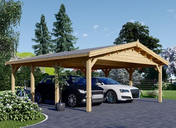 Carport aus Holz für 2 Autos mit Schuppen und Seitenwand