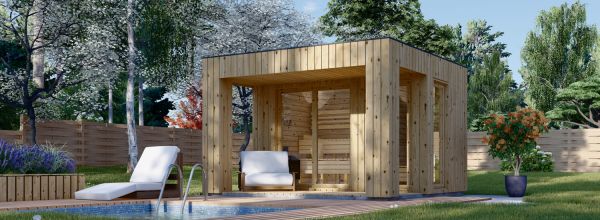 Gartensauna DELLA (34 mm + Holzverschalung), 3,6 x 2,1 m, 5,5 m² mit Terrasse 5,25 m²