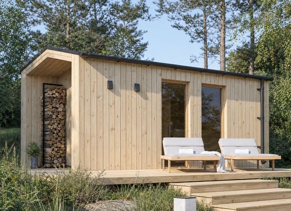 Holzsauna SERENE 3 mit Vorraum & Veranda | Kiefer Natur – 5,44×2,64 m, 10,65 m² thumbnail 1