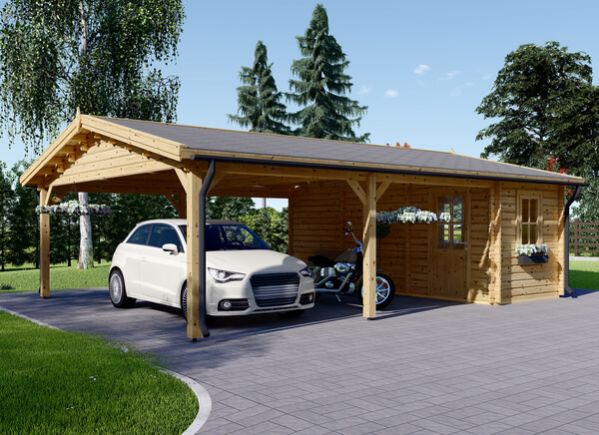 Carports aus Holz mit Schuppen als Abstellraum / Geräteraum