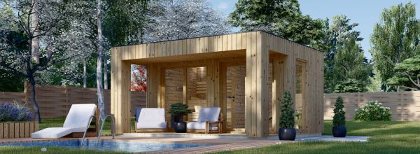 Gartensauna DELLA (34 mm + Holzverschalung), 4,6 x 2,6 m, 9,3 m² mit Terrasse 6,7 m²