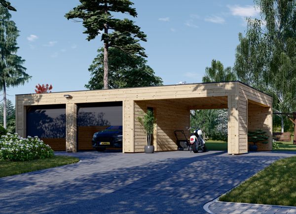 Doppelgarage aus Holz SILVIA F (34 mm + Holzverschalung), 6x6 m, mit Carport 4x6 m avp.ui.product_images.thumbnail 1