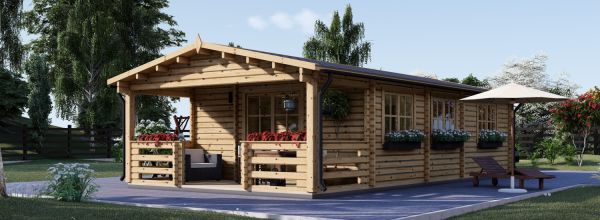 Blockbohlenhaus HYMER (Isoliert, 44+44 mm), 42 m² + 10 m² Terrasse