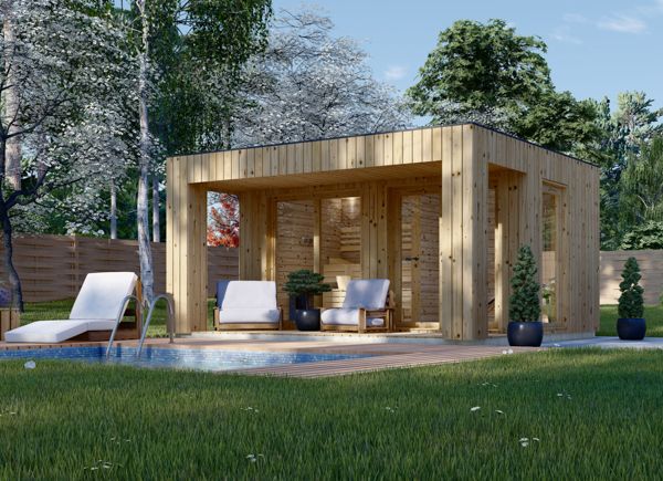 Gartensauna DELLA (34 mm + Holzverschalung), 4,6 x 2,6 m, 9,3 m² mit Terrasse 6,7 m² avp.ui.product_images.thumbnail 1