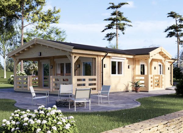 B-Ware: Blockbohlenhaus mit Terrasse DONNA S (Extra Isoliert, 44+44 mm), 63 m² + 11.5 m² avp.ui.product_images.thumbnail 1