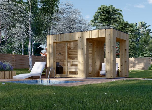 Gartensauna DELLA (34 mm + Holzverschalung), 2,6 x 2,1 m, 3,8 m² mit Terrasse 3 m² avp.ui.product_images.thumbnail 1