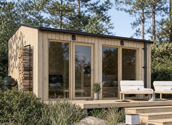 Holzsauna SERENE 2 mit Vorraum | Kiefer Natur – 4,64×2,64 m, 9,35 m² thumbnail 1