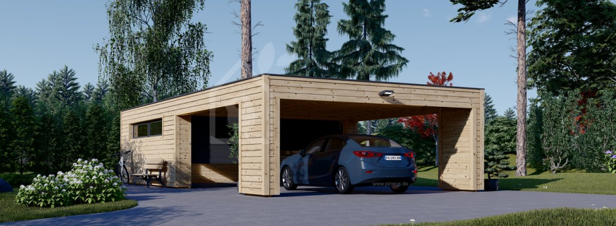 Doppelgarage aus Holz SILVIA F (34 mm + Holzverschalung), 6x6 m, mit Carport (direkt davor) 6x6 m