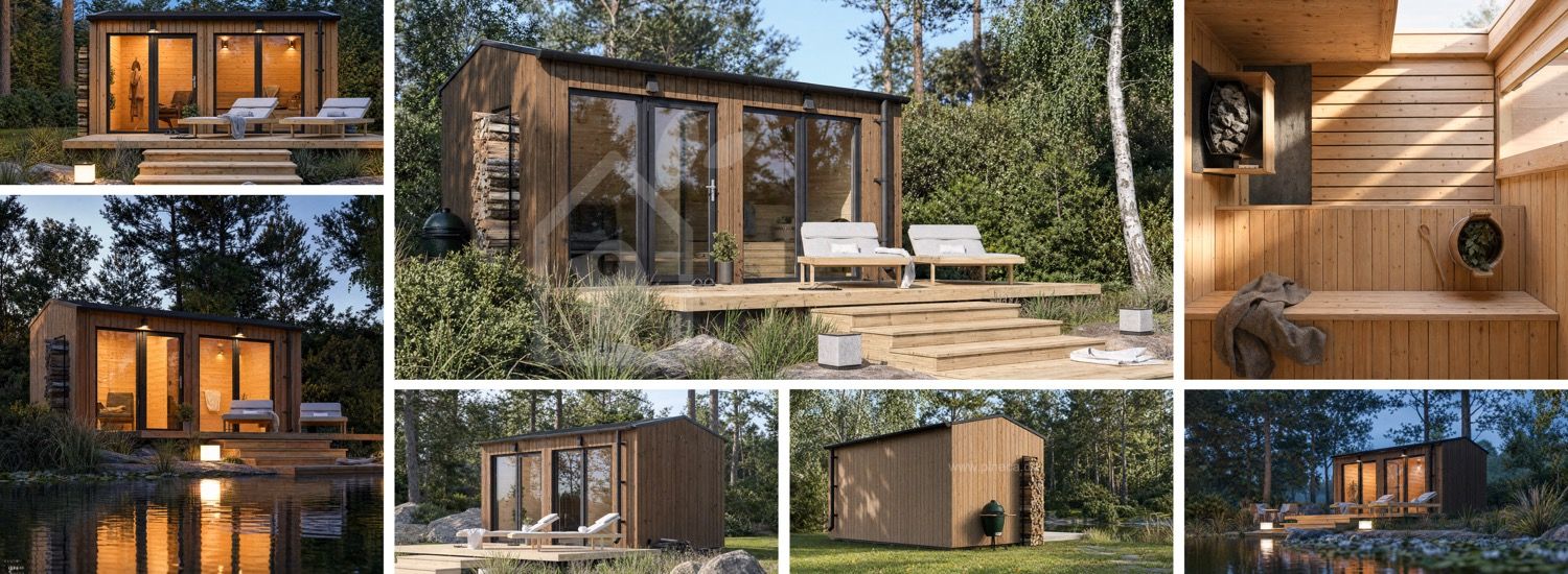 Holzsauna SERENE 2 mit Vorraum (Thermoholz) – 4,5×2,5 m, 9,35 m² visualization 1