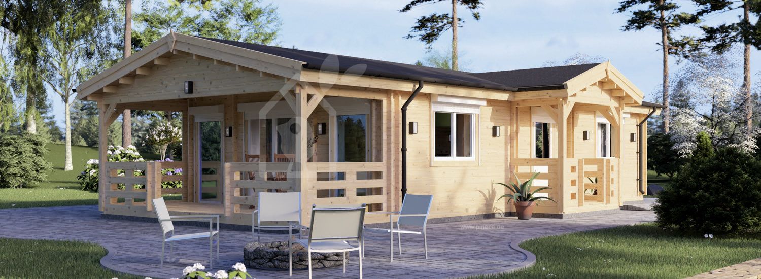 B-Ware: Blockbohlenhaus mit Terrasse DONNA S (Extra Isoliert, 44+44 mm), 63 m² + 11.5 m² visualization 1