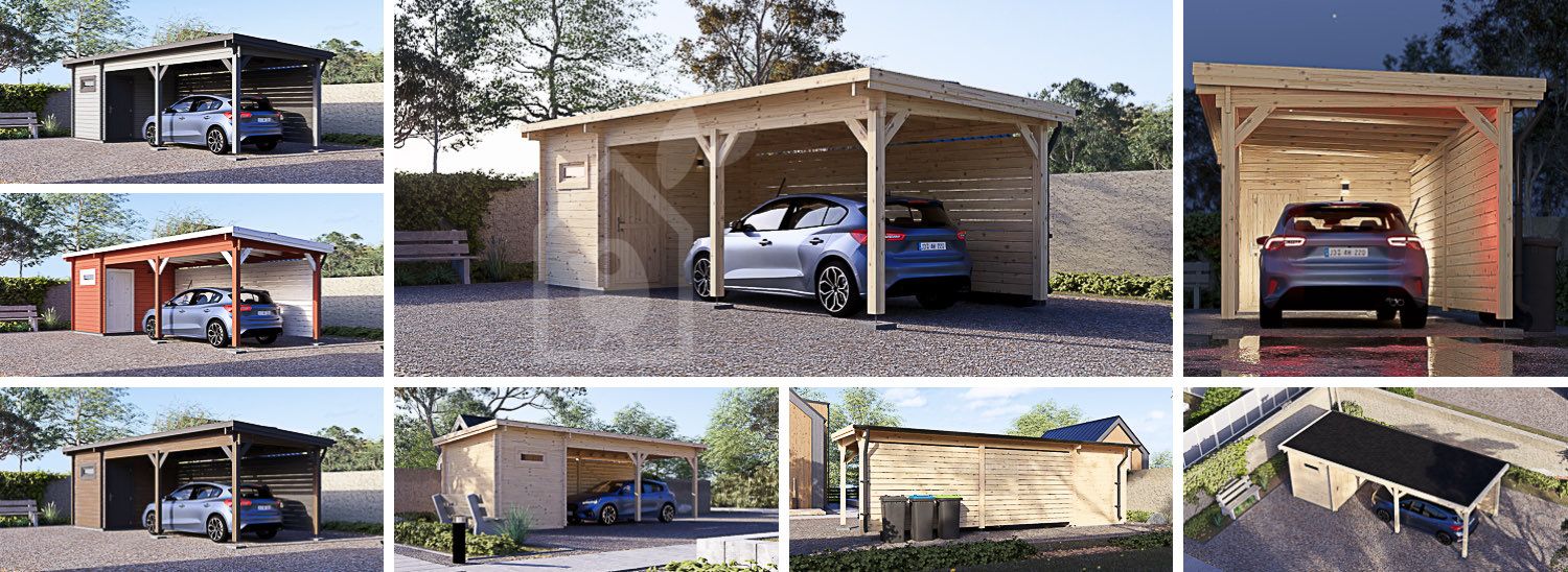 Carport aus Holz für 1 Auto mit Schuppen MODERN, 8x3 m visualization 1