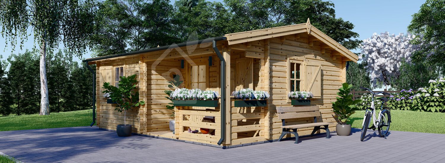 Gartenhaus aus Holz NANTES (Isoliert, 44+44 mm), 6x4.7 m, 24 m² + 3.5 m² Terrasse visualization 1