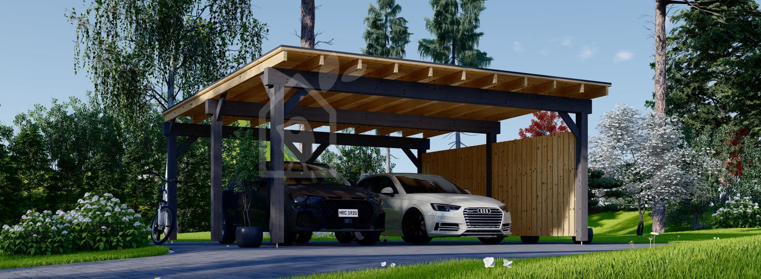 Carport aus Holz für 2 Autos mit Seitenwand LUNA DUO F, 6x6 m visualization 1
