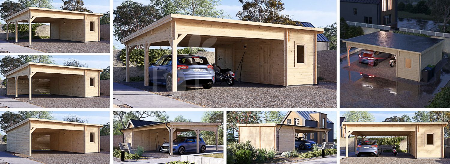 Carport aus Holz für 2 Autos mit Schuppen MODERN DUO, 5.95x7.5 m visualization 1