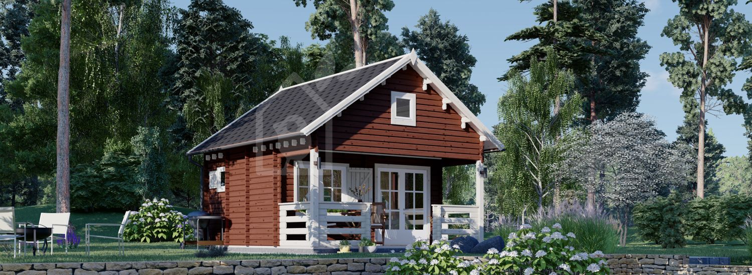 Kleines Schwedenhaus für den Garten mit Schlafboden und Terrasse ALBI (66 mm), 20 m² + 8 m² visualization 1