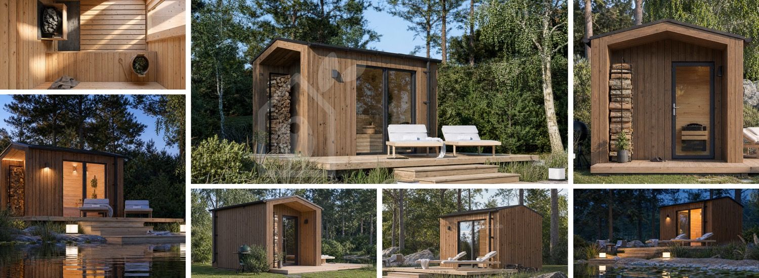 Holzsauna SERENE 1 mit Veranda (Thermoholz) – 3,3×2,5 m, 6,25 m² visualization 1