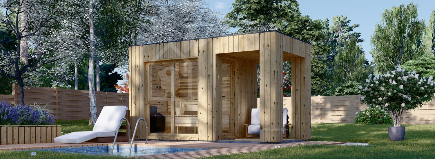 Gartensauna DELLA (34 mm + Holzverschalung), 2,6 x 2,1 m, 3,8 m² mit Terrasse 3 m² visualization 1