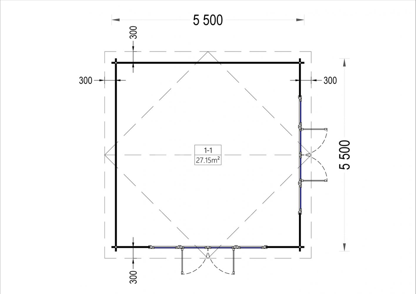 Gartenhaus aus Holz MIA (Extra Isoliert, 44+44 mm), 5.5x5.5 m, 30 m²