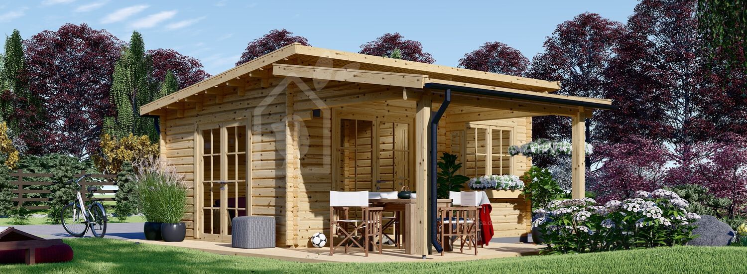 Gartenhaus aus Holz mit Terrasse HELEN (44 mm), 6x6 m, 24 m² + 12.5 m² visualization 1