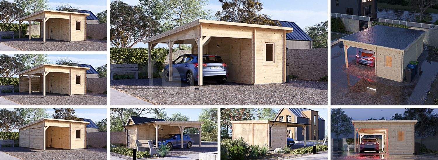 Carport aus Holz für 1 Auto mit Schuppen MODERN, 5.95x5 m visualization 1