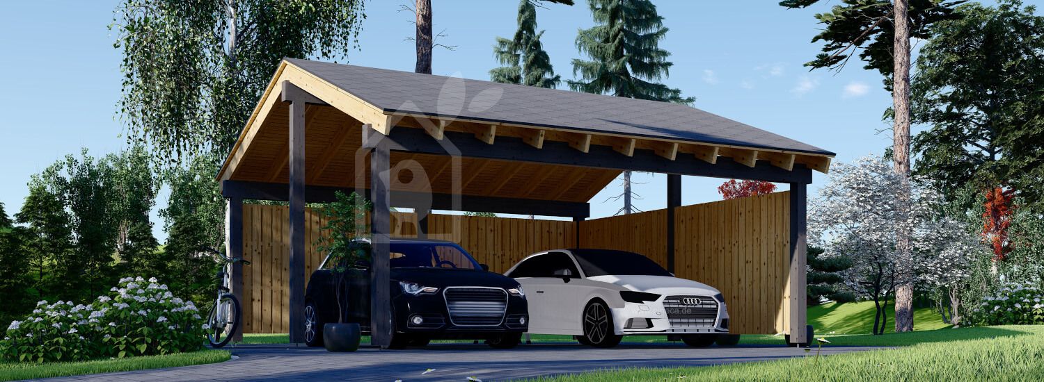 Carport aus Holz für 2 Autos mit L-förmiger Wand LUNA DUO, 6x6 m visualization 1
