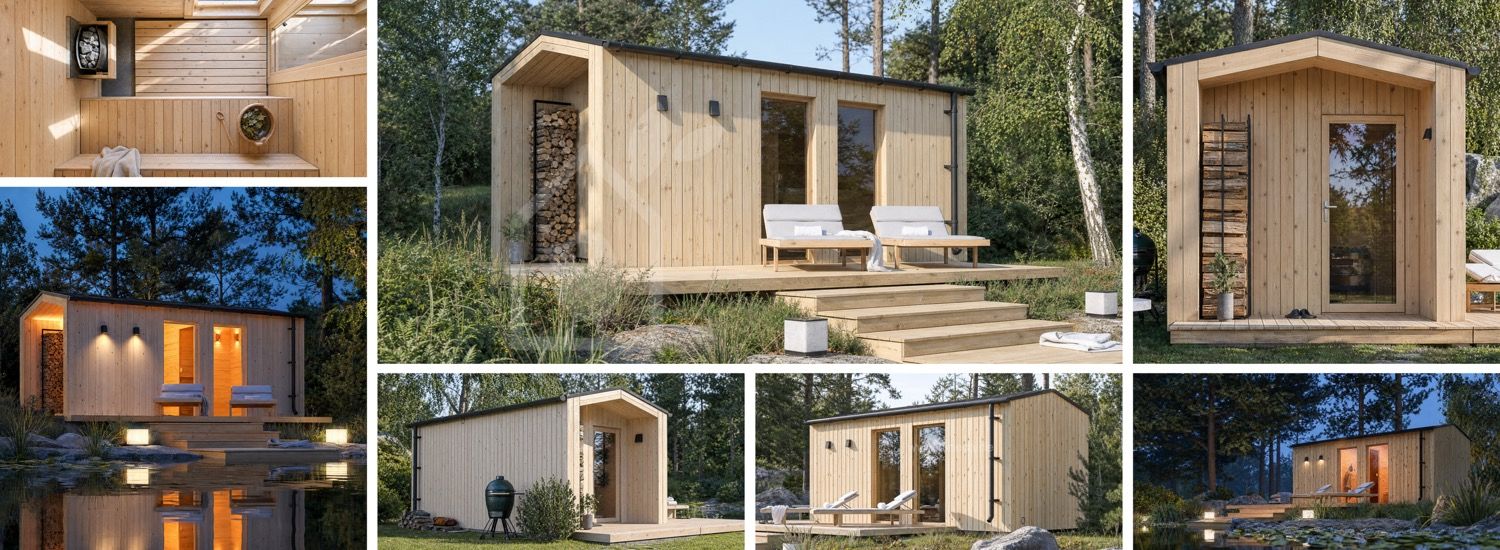 Holzsauna SERENE 3 mit Vorraum & Veranda (Kiefer natur) – 5,3×2,5 m, 10,65 m² visualization 1