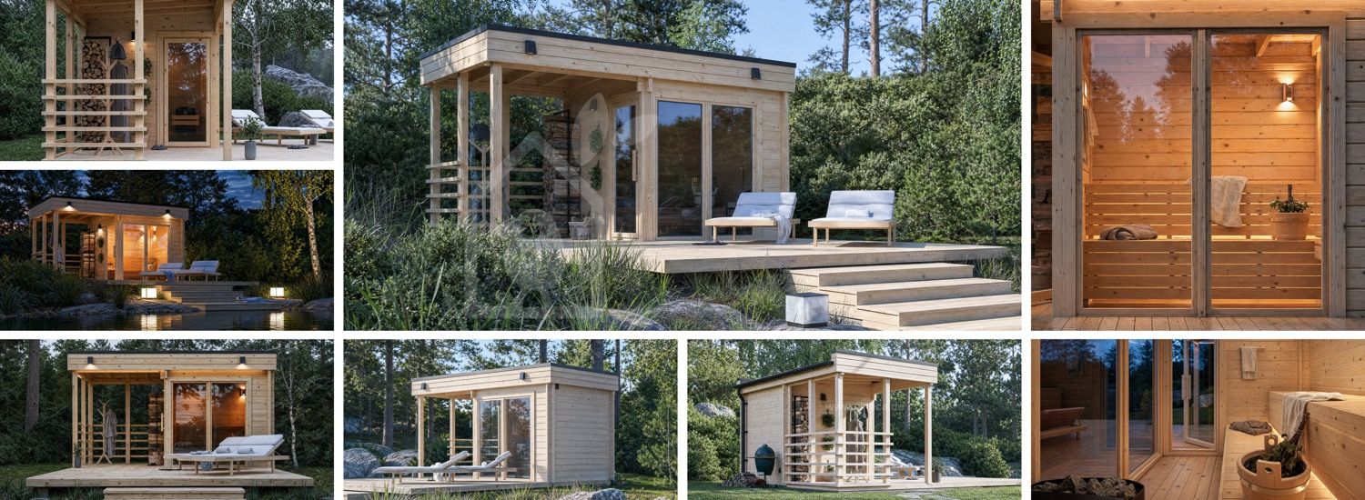 Holzsauna FREJA mit überdachter Terrasse (Massivholz) – 4,5×2,5 m, 9,15 m² visualization 1