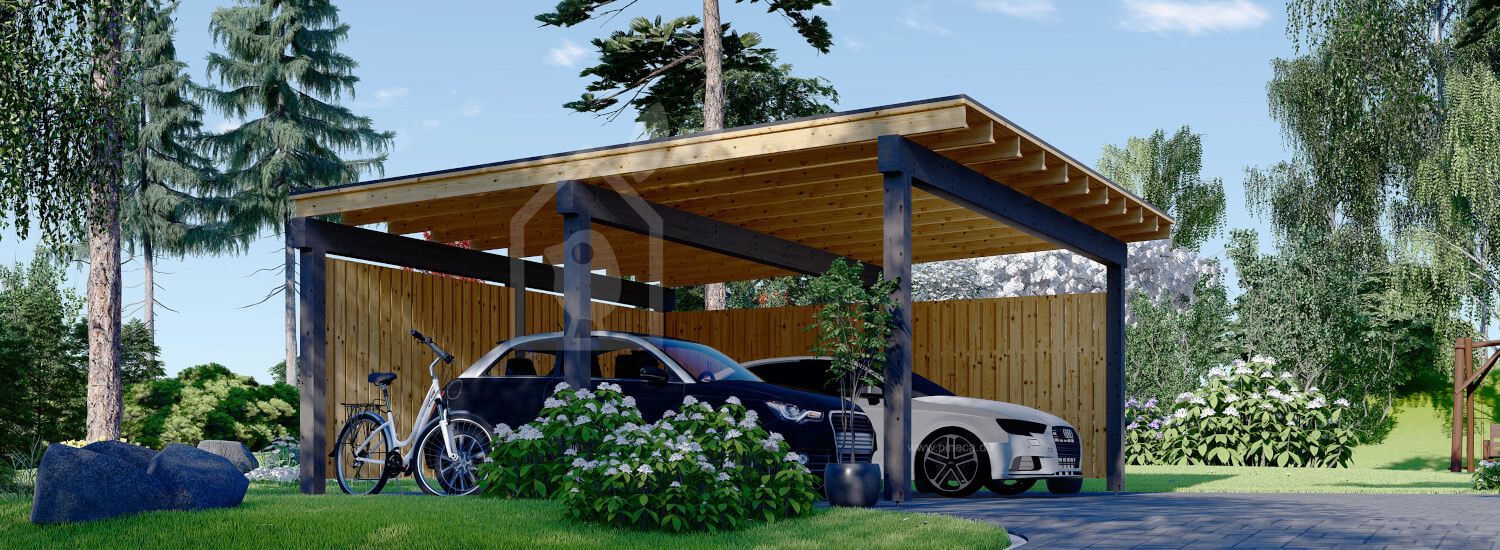 Carport aus Holz für 2 Autos mit L-förmiger Wand LUNA DUO F, 6x6 m visualization 1