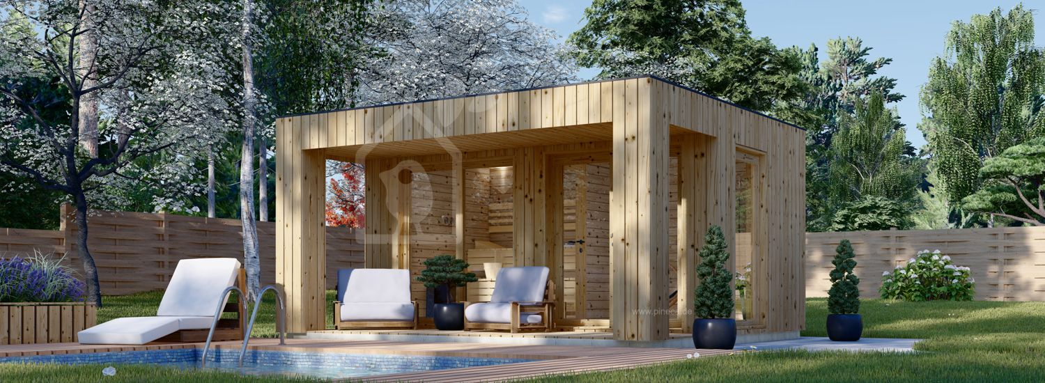 Gartensauna DELLA (34 mm + Holzverschalung), 4,6 x 2,6 m, 9,3 m² mit Terrasse 6,7 m² visualization 1