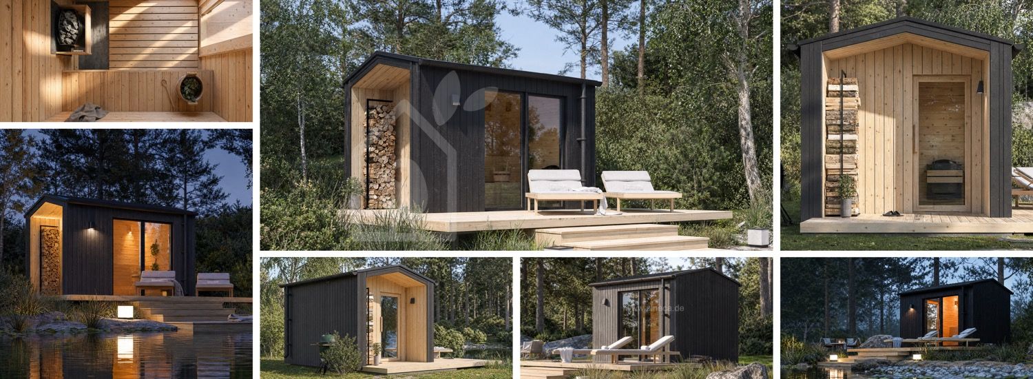 Holzsauna SERENE 1 mit Veranda (Verbranntes Holz + Kiefer natur) – 3,3×2,5 m, 6,25 m² visualization 1