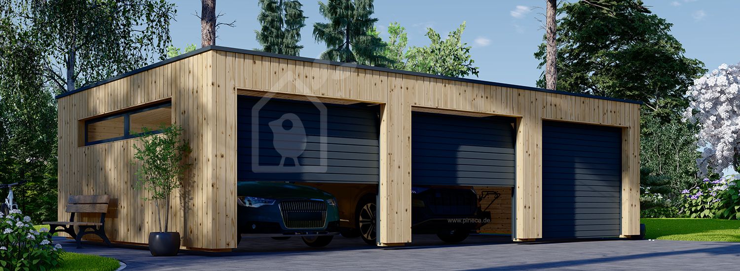 Dreifachgarage aus Holz mit Flachdach SILVIA TRIO F (34 mm + Holzverschalung), 9x6 m, 54 m² visualization 1