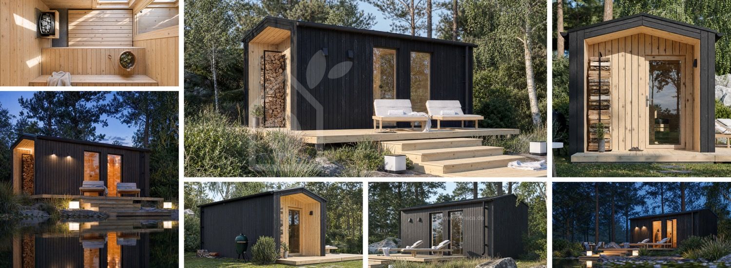 Holzsauna SERENE 3 mit Vorraum & Veranda (Verbranntes Holz + Kiefer natur) – 5,3×2,5 m, 10,65 m² visualization 1