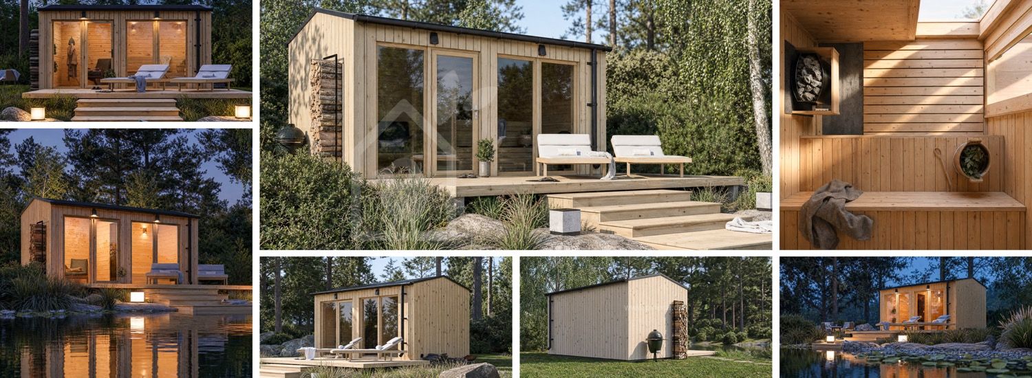 Holzsauna SERENE 2 mit Vorraum (Kiefer natur) – 4,5×2,5 m, 9,35 m² visualization 1