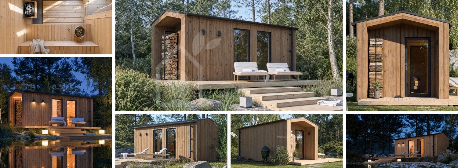 Holzsauna SERENE 3 mit Vorraum & Veranda (Thermoholz) – 5,3×2,5 m, 10,65 m² visualization 1