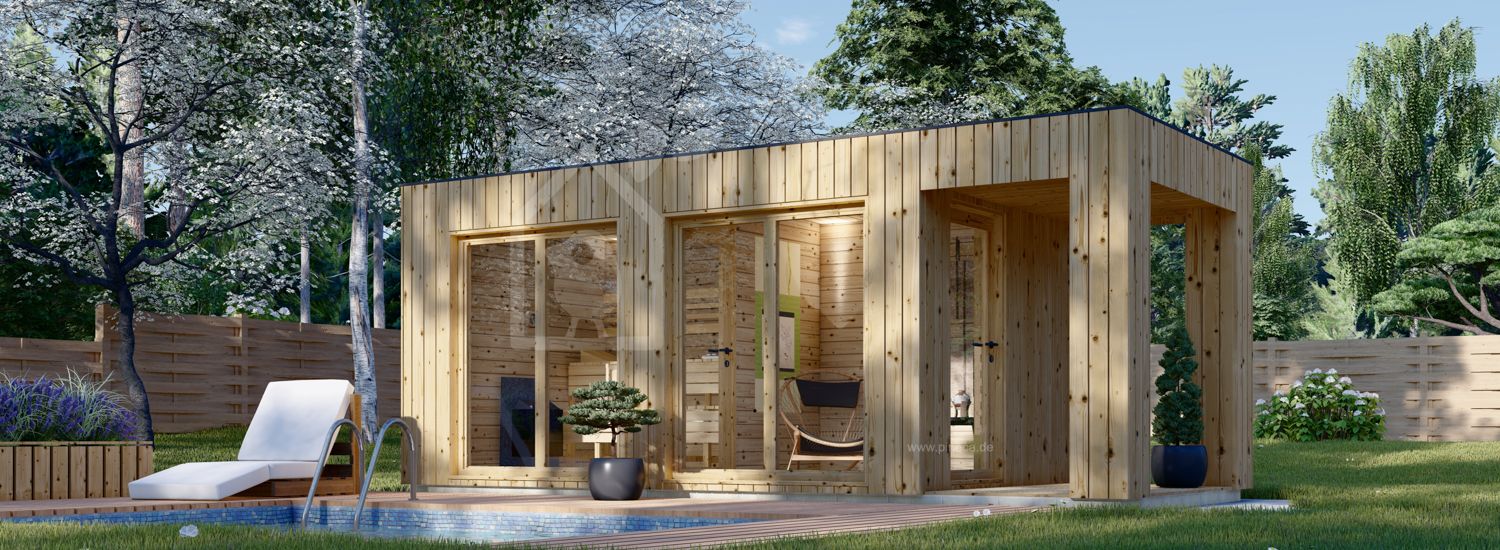 Gartensauna DELLA (34 mm + Holzverschalung), 4,6 x 2,6 m, 9,3 m² mit Vorraum und Terrasse 3,6 m² visualization 1