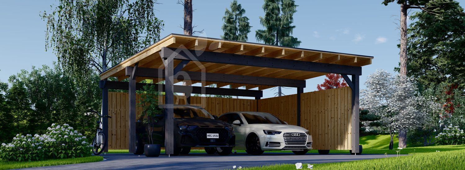 Carport aus Holz für 2 Autos mit L-förmiger Wand LUNA DUO F, 6x6 m visualization 1