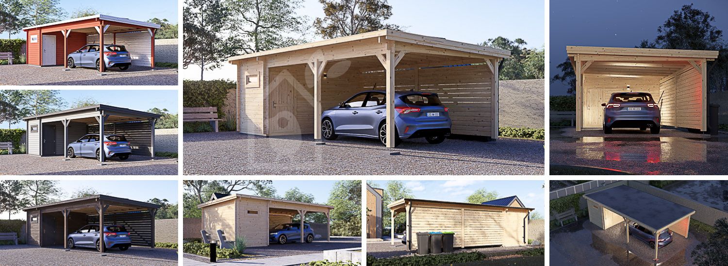 Carport aus Holz für 1 Auto mit Schuppen MODERN, 8x4 m visualization 1