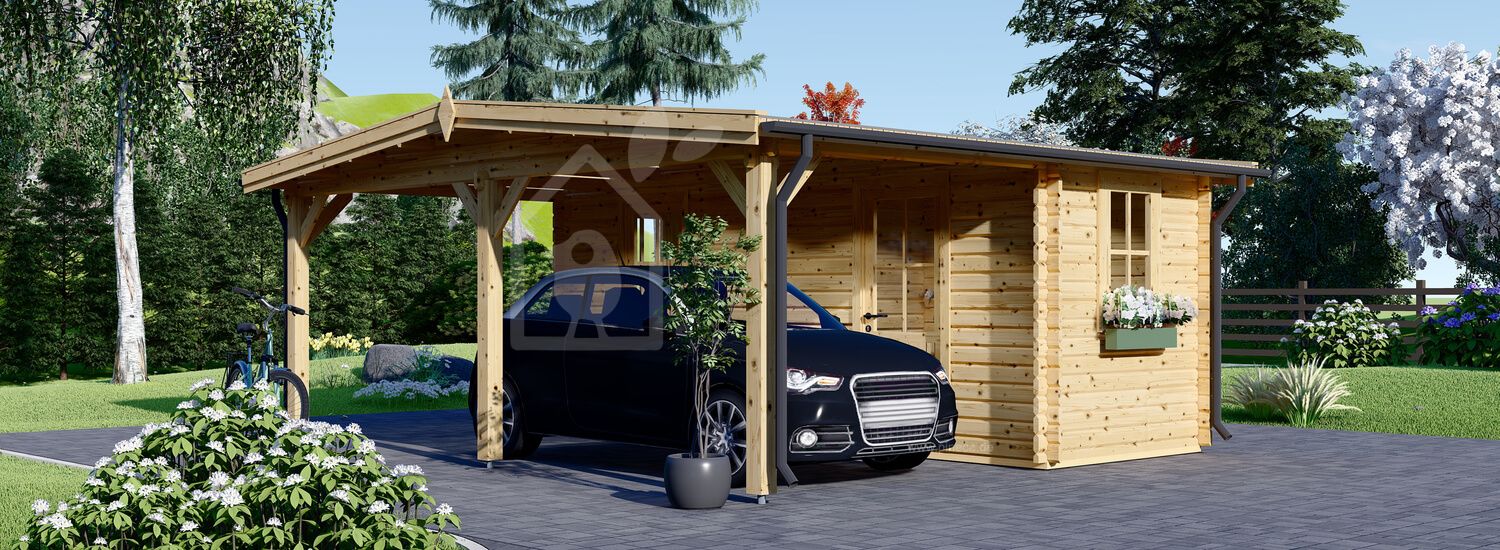 Carport aus Holz 3x6 m mit Schuppen (44 mm), 2x6 m visualization 1