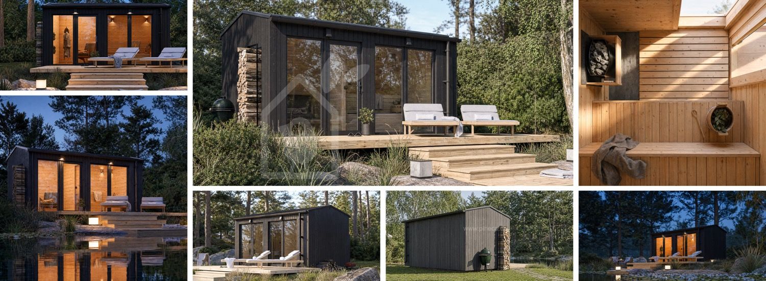 Holzsauna SERENE 2 mit Vorraum (Verbranntes Holz) – 4,5×2,5 m, 9,35 m² visualization 1