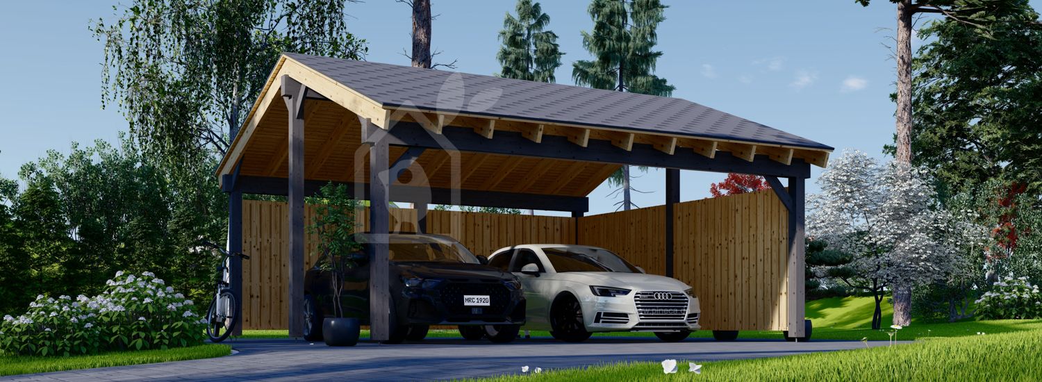 Carport aus Holz für 2 Autos mit L-förmiger Wand LUNA DUO, 6x6 m visualization 1