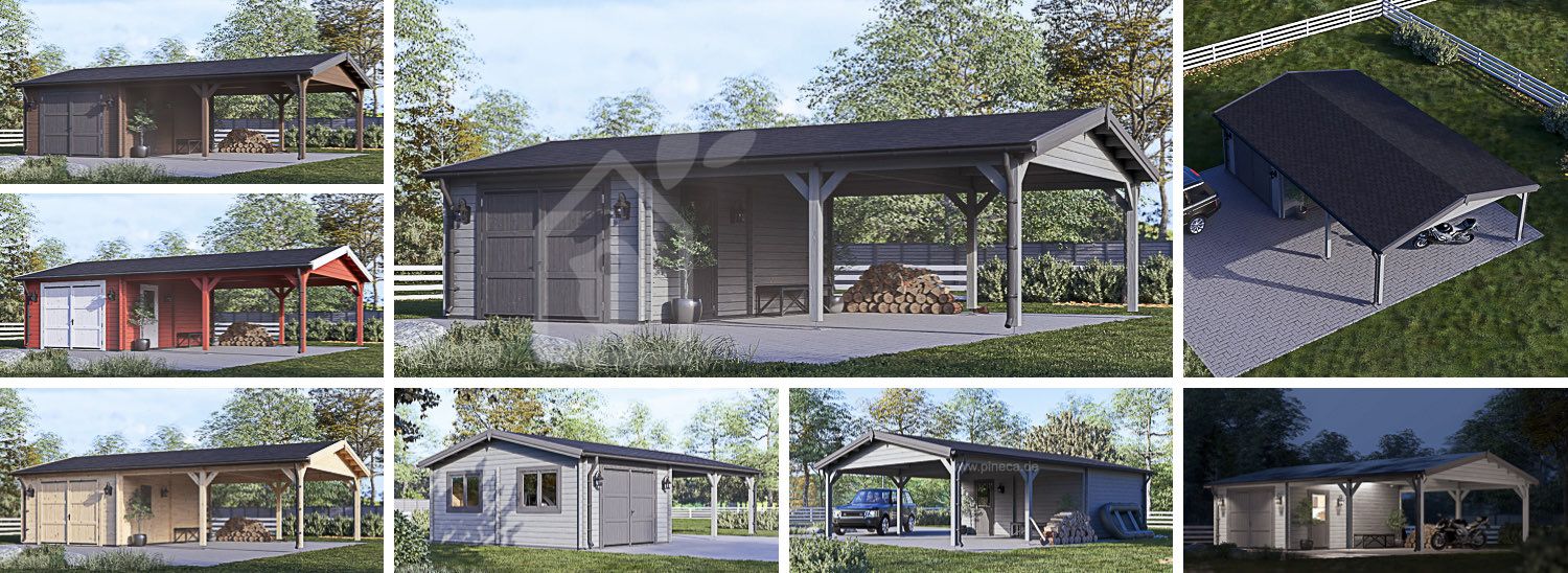 Holzgarage MULTI (44 mm) 4x6 m mit Doppelcarport 5.5x6 m visualization 1