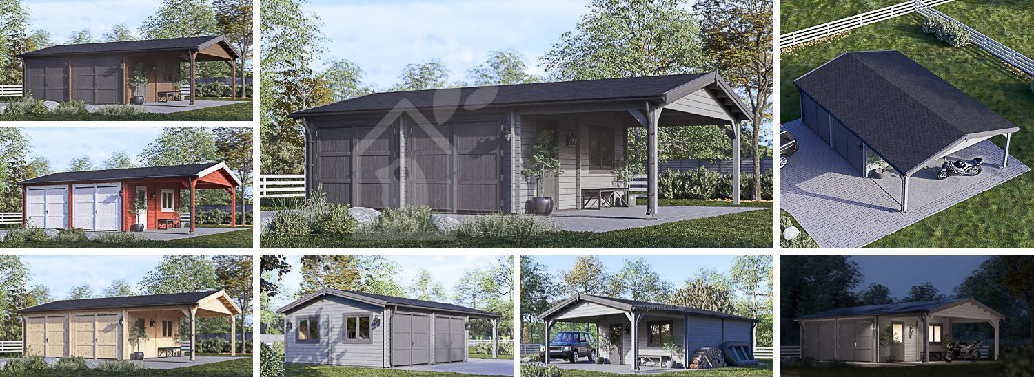 Doppelgarage aus Holz MULTI (44 mm) 6x6 m mit Carport 3x6 m visualization 1