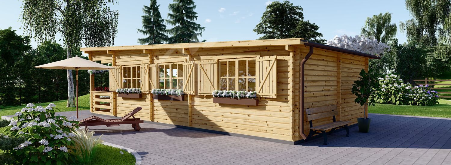 Isoliertes Blockbohlenhaus HYMER 42 m² mit Flachdach