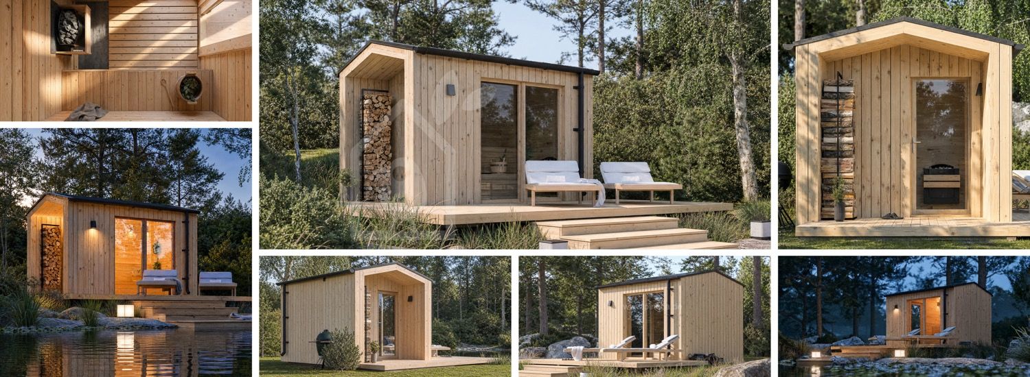 Holzsauna SERENE 1 mit Veranda (Kiefer natur) – 3,3×2,5 m, 6,25 m² visualization 1