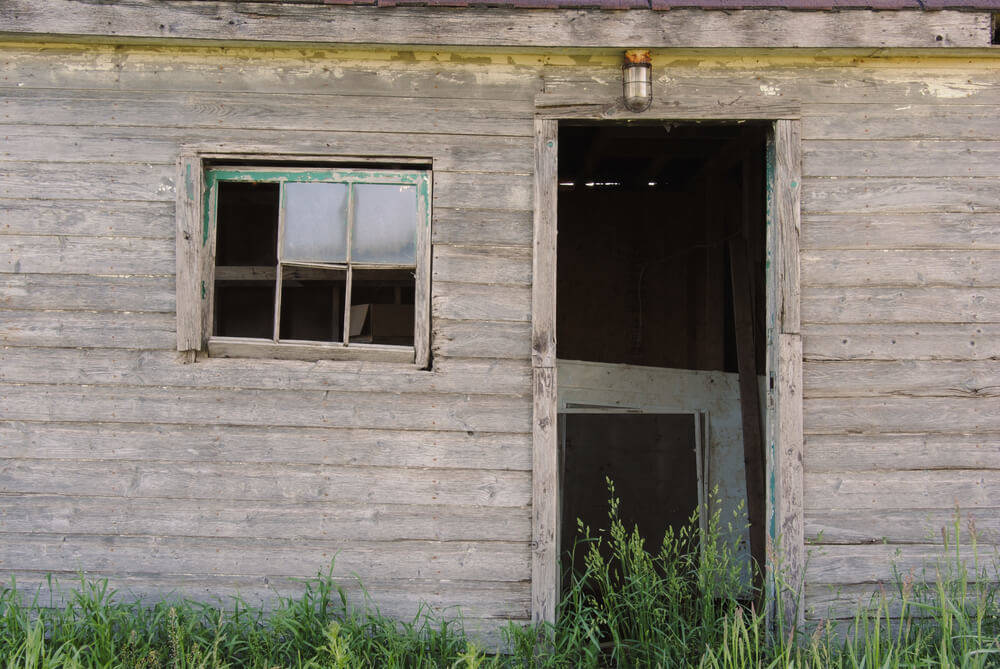 Fehlendes-Fenster-und-ausgehängte Türe-im-Gartenhaus